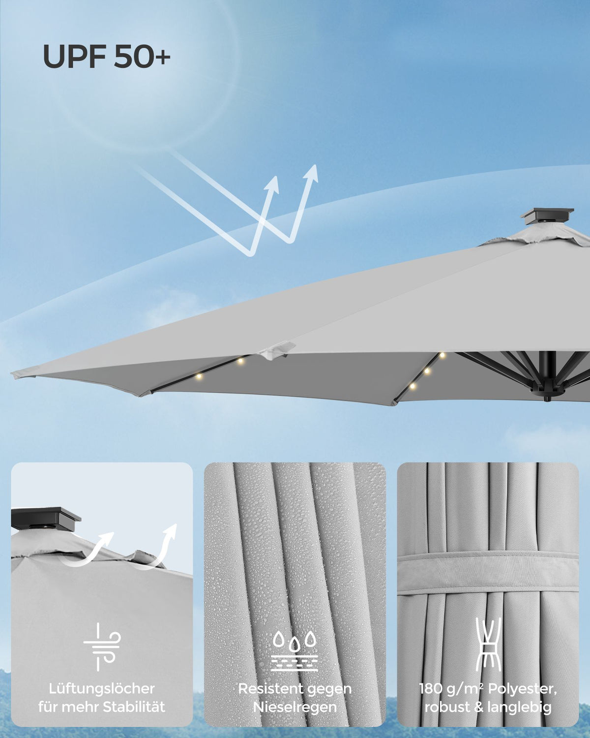 Freiarm-Sonnenschirm 300 cm mit LED-Solarbeleuchtung – 360° drehbar – stufenlos verstellbarer Neigungswinkel – UPF 50+ – mit Kurbel und Kreuzfuß