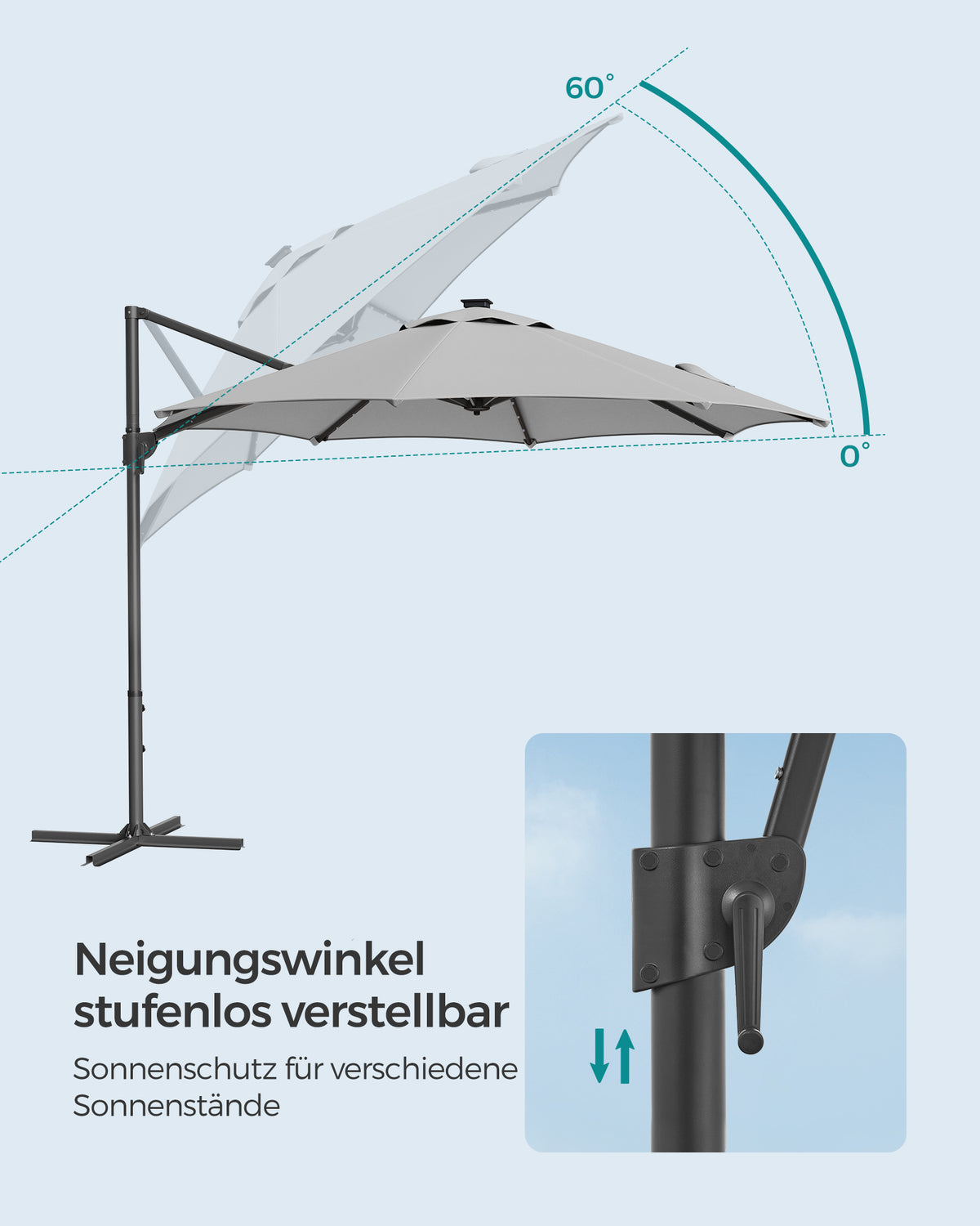 Freiarm-Sonnenschirm 300 cm mit LED-Solarbeleuchtung – 360° drehbar – stufenlos verstellbarer Neigungswinkel – UPF 50+ – mit Kurbel und Kreuzfuß