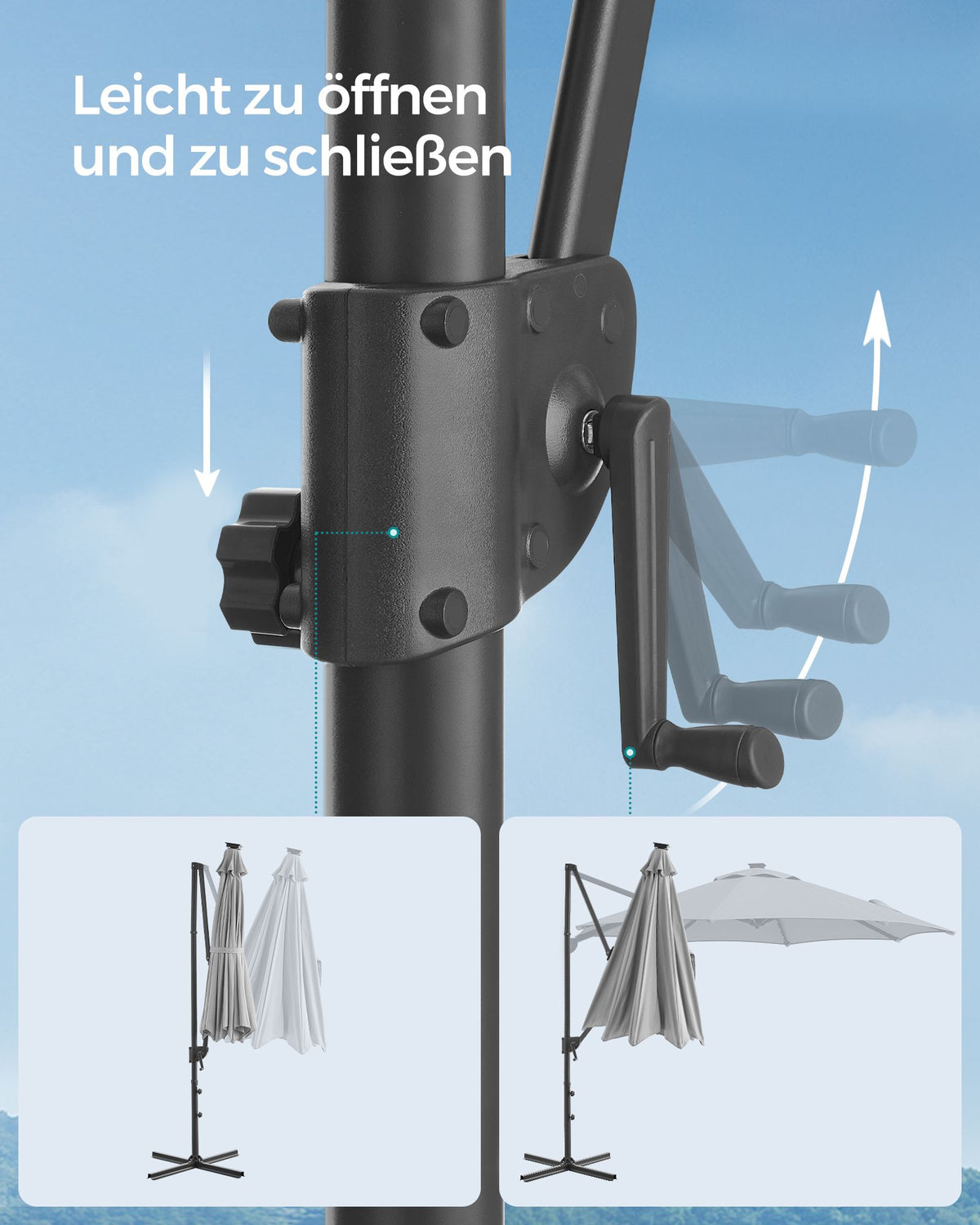 Freiarm-Sonnenschirm 300 cm mit LED-Solarbeleuchtung – 360° drehbar – stufenlos verstellbarer Neigungswinkel – UPF 50+ – mit Kurbel und Kreuzfuß