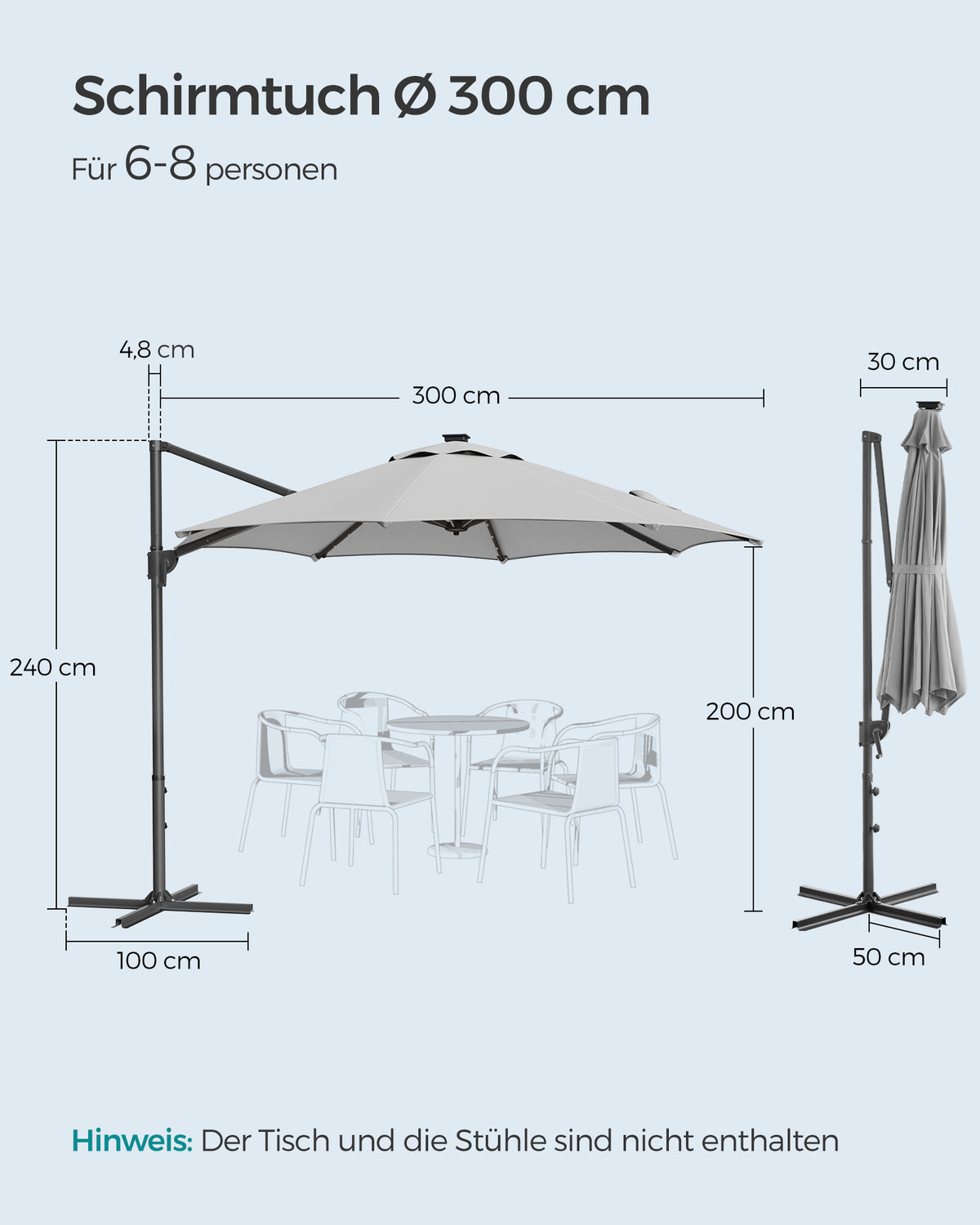 Freiarm-Sonnenschirm 300 cm mit LED-Solarbeleuchtung – 360° drehbar – stufenlos verstellbarer Neigungswinkel – UPF 50+ – mit Kurbel und Kreuzfuß