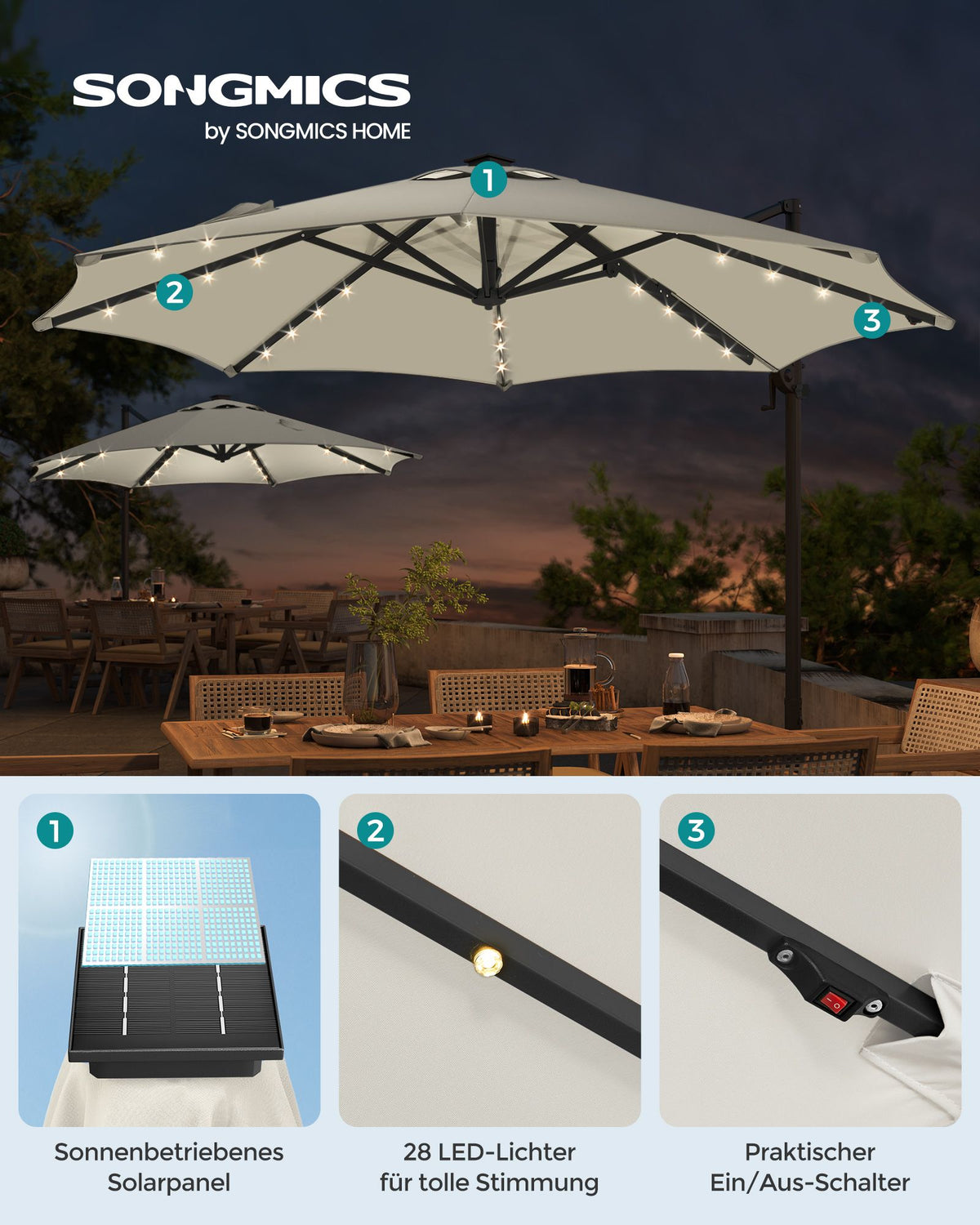 Freiarm-Sonnenschirm 300 cm mit LED-Solarbeleuchtung – 360° drehbar – stufenlos verstellbarer Neigungswinkel – UPF 50+ – mit Kurbel und Kreuzfuß