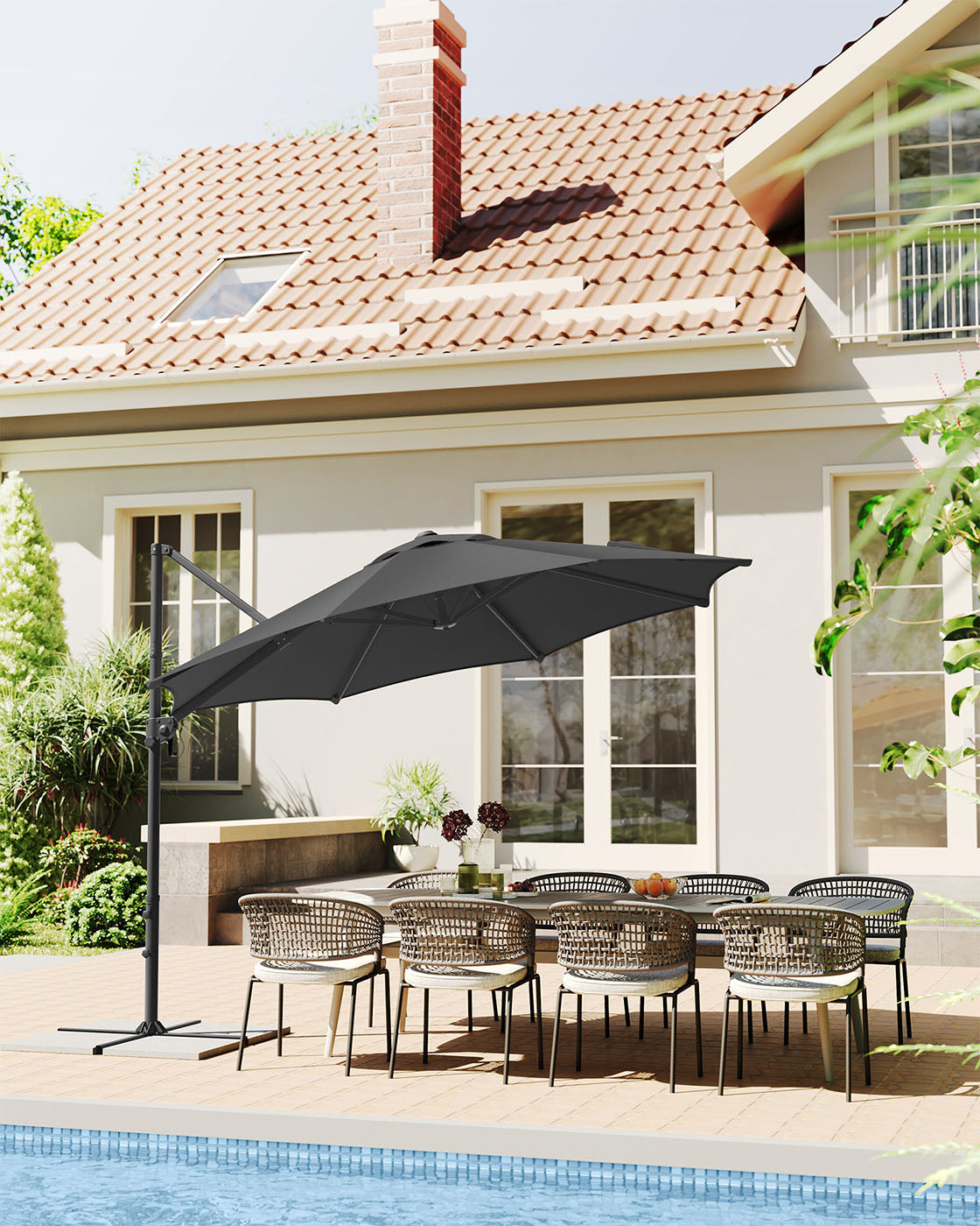 Freiarm-Sonnenschirm 300 cm – 360° drehbar – stufenlos verstellbarer Neigungswinkel – UPF 50+ – mit Kurbel und Kreuzfuß