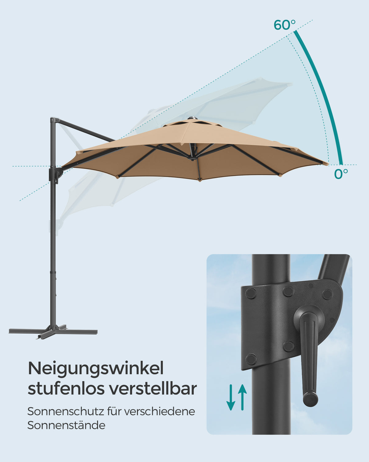 Freiarm-Sonnenschirm 300 cm – 360° drehbar – stufenlos verstellbarer Neigungswinkel – UPF 50+ – mit Kurbel und Kreuzfuß