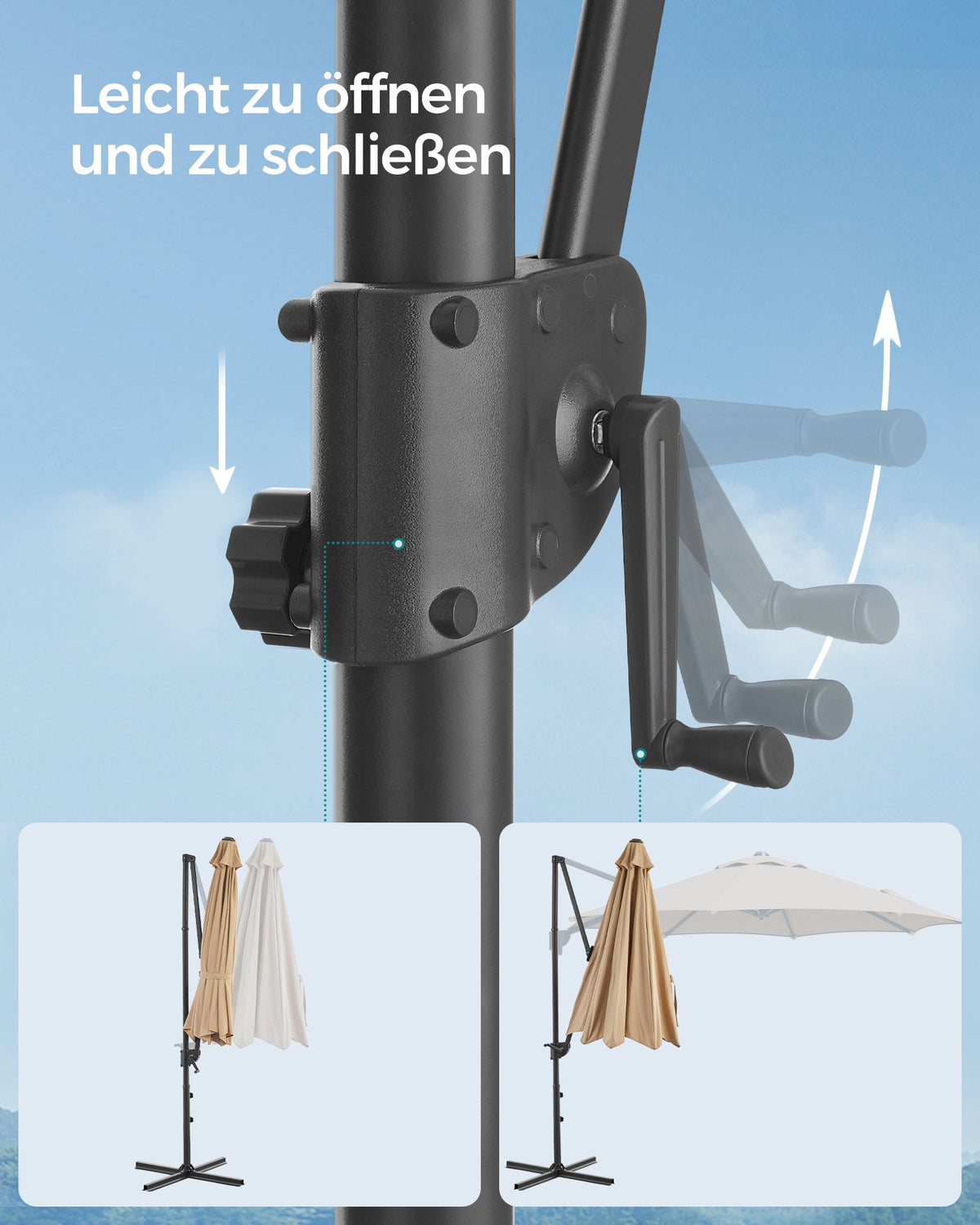 Freiarm-Sonnenschirm 300 cm – 360° drehbar – stufenlos verstellbarer Neigungswinkel – UPF 50+ – mit Kurbel und Kreuzfuß