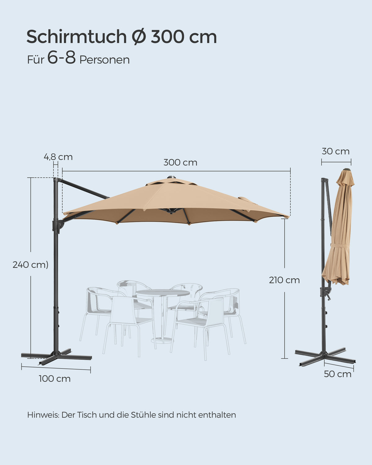 Freiarm-Sonnenschirm 300 cm – 360° drehbar – stufenlos verstellbarer Neigungswinkel – UPF 50+ – mit Kurbel und Kreuzfuß
