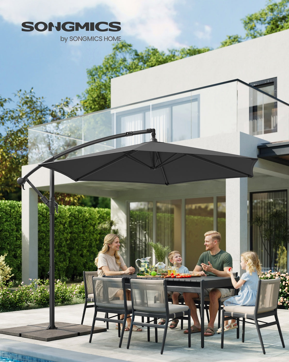 Freiarmschirm mit Ständer – Gartenschirm mit UV-Schutz UPF 50+ – mit Kurbel – für Balkon, Terrasse und Garten