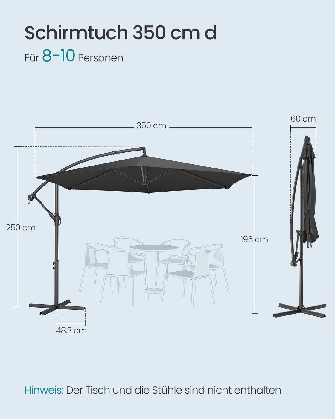 Sonnenschirm mit LED-Solarbeleuchtung – mit Ständer – UV-Schutz 50+ – schwenkbar – für Balkon und Garten
