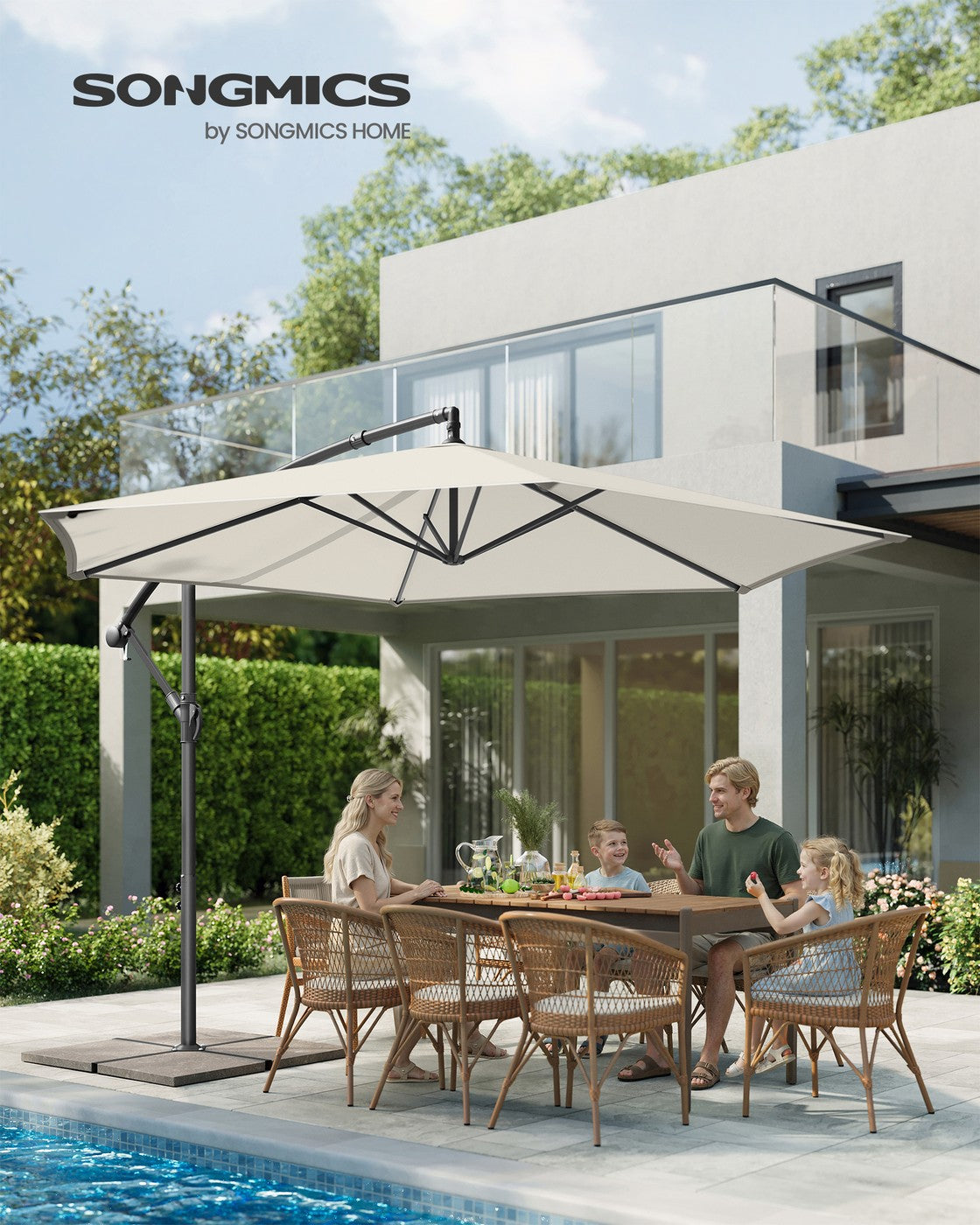 Freiarmschirm mit Ständer – Gartenschirm mit UV-Schutz UPF 50+ – mit Kurbel – für Balkon, Terrasse und Garten