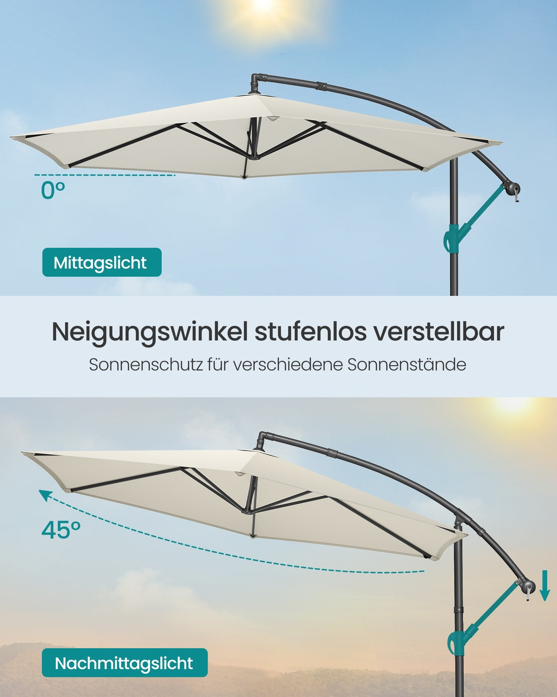 Freiarmschirm mit Ständer – Gartenschirm mit UV-Schutz UPF 50+ – mit Kurbel – für Balkon, Terrasse und Garten