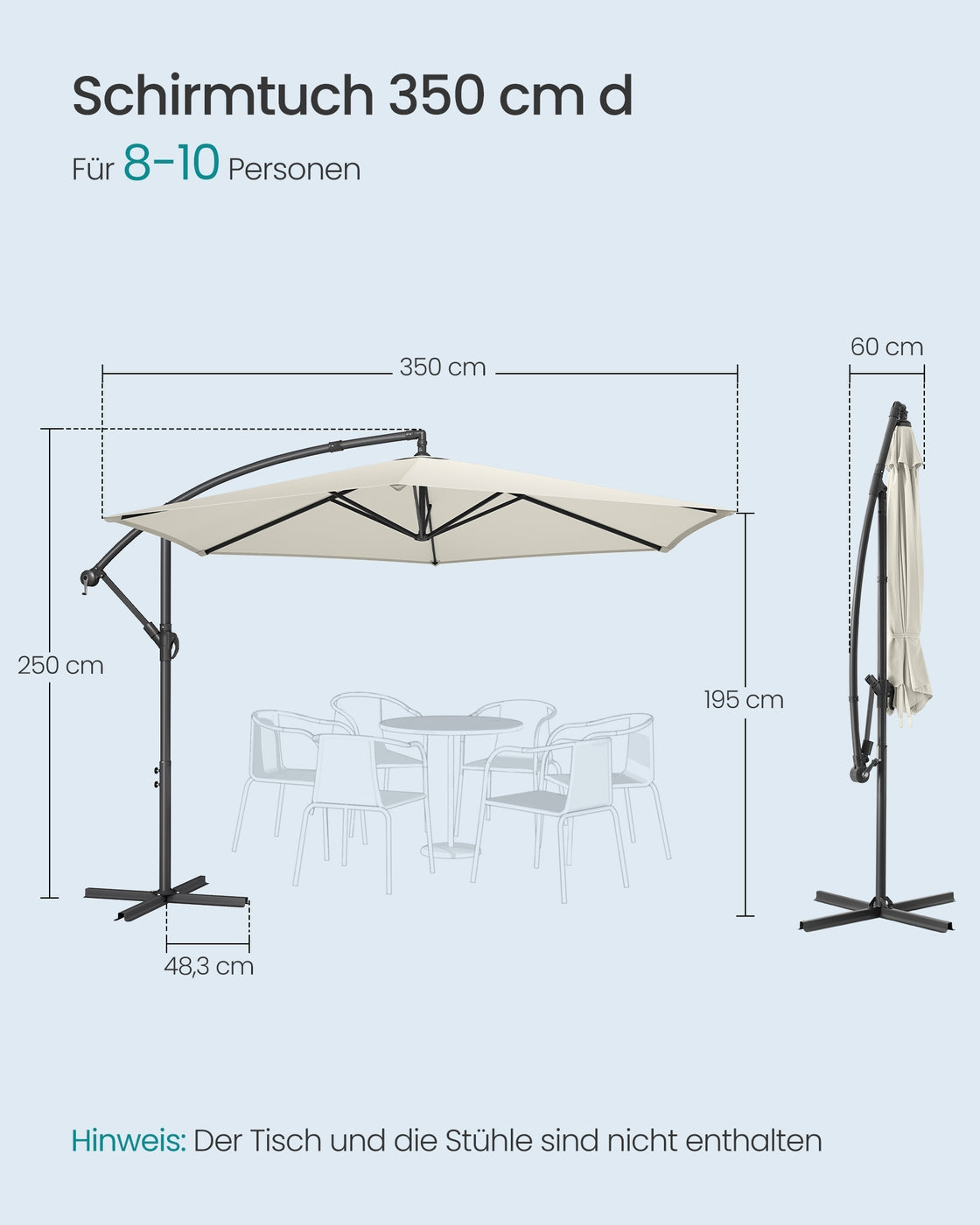Freiarmschirm mit Ständer – Gartenschirm mit UV-Schutz UPF 50+ – mit Kurbel – für Balkon, Terrasse und Garten
