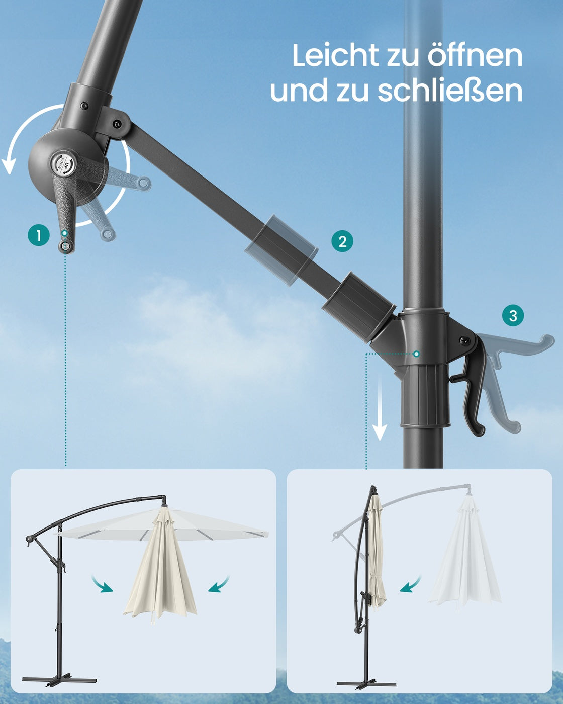 Freiarmschirm mit Ständer – Gartenschirm mit UV-Schutz UPF 50+ – mit Kurbel – für Balkon, Terrasse und Garten