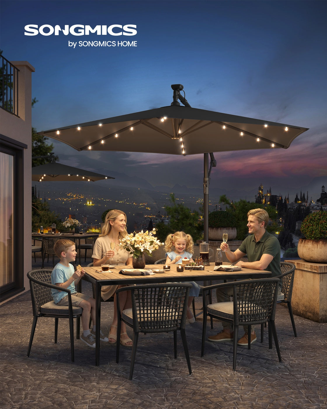 Sonnenschirm mit LED-Solarbeleuchtung – mit Ständer – UV-Schutz 50+ – schwenkbar – für Balkon und Garten