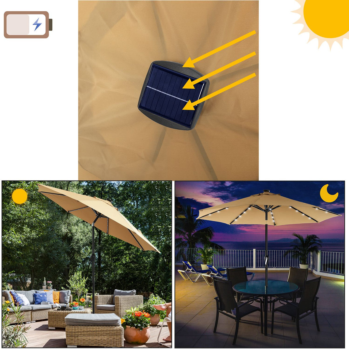 Solarbetriebener LED-Sonnenschirm Ø 2,7 oder 3 Meter - Garten-Sonnenschirm mit Neigefunktion