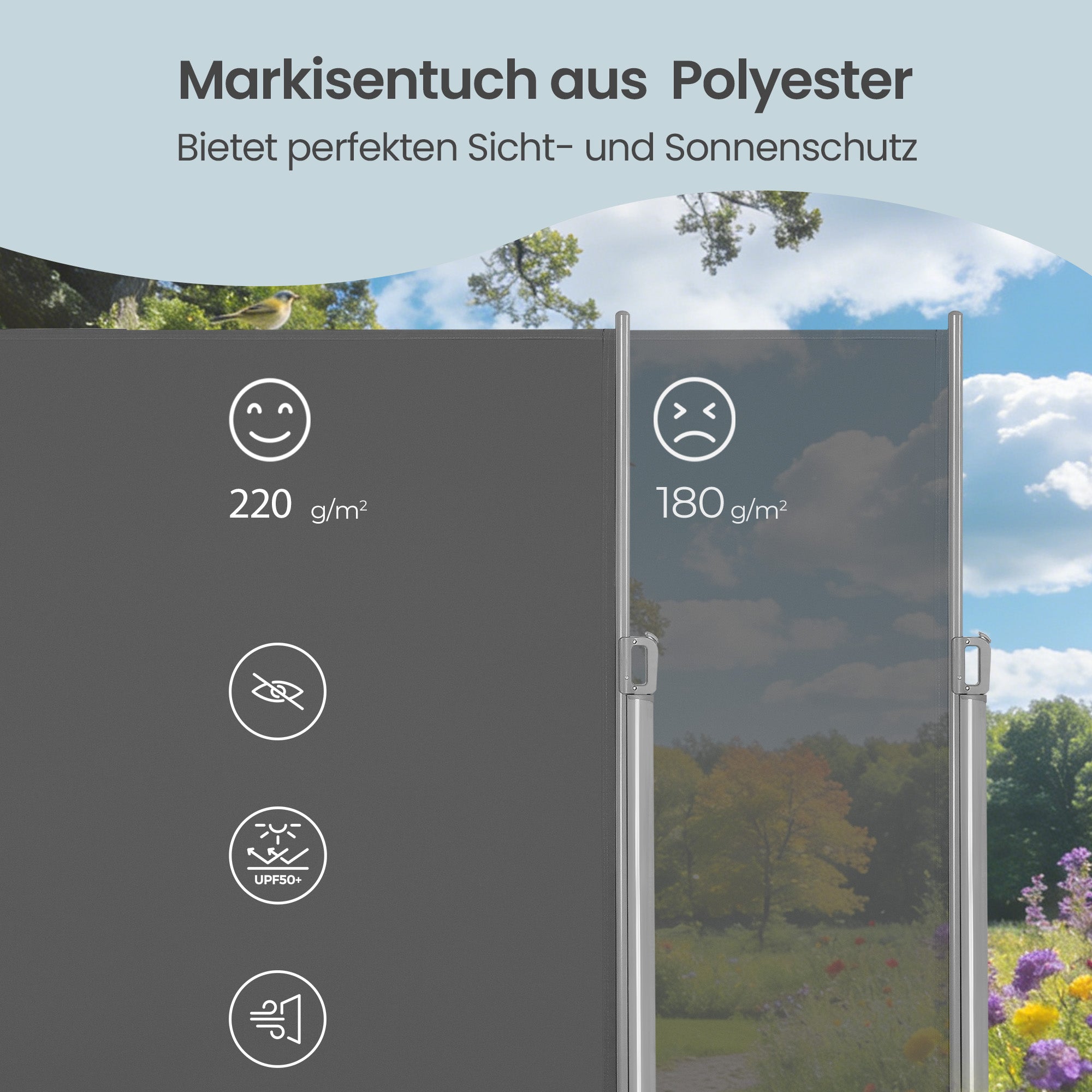 Balkon- und Terrassenschutz – Ausziehbarer Sichtschutz – Robust und stabil – Grau/Eisen