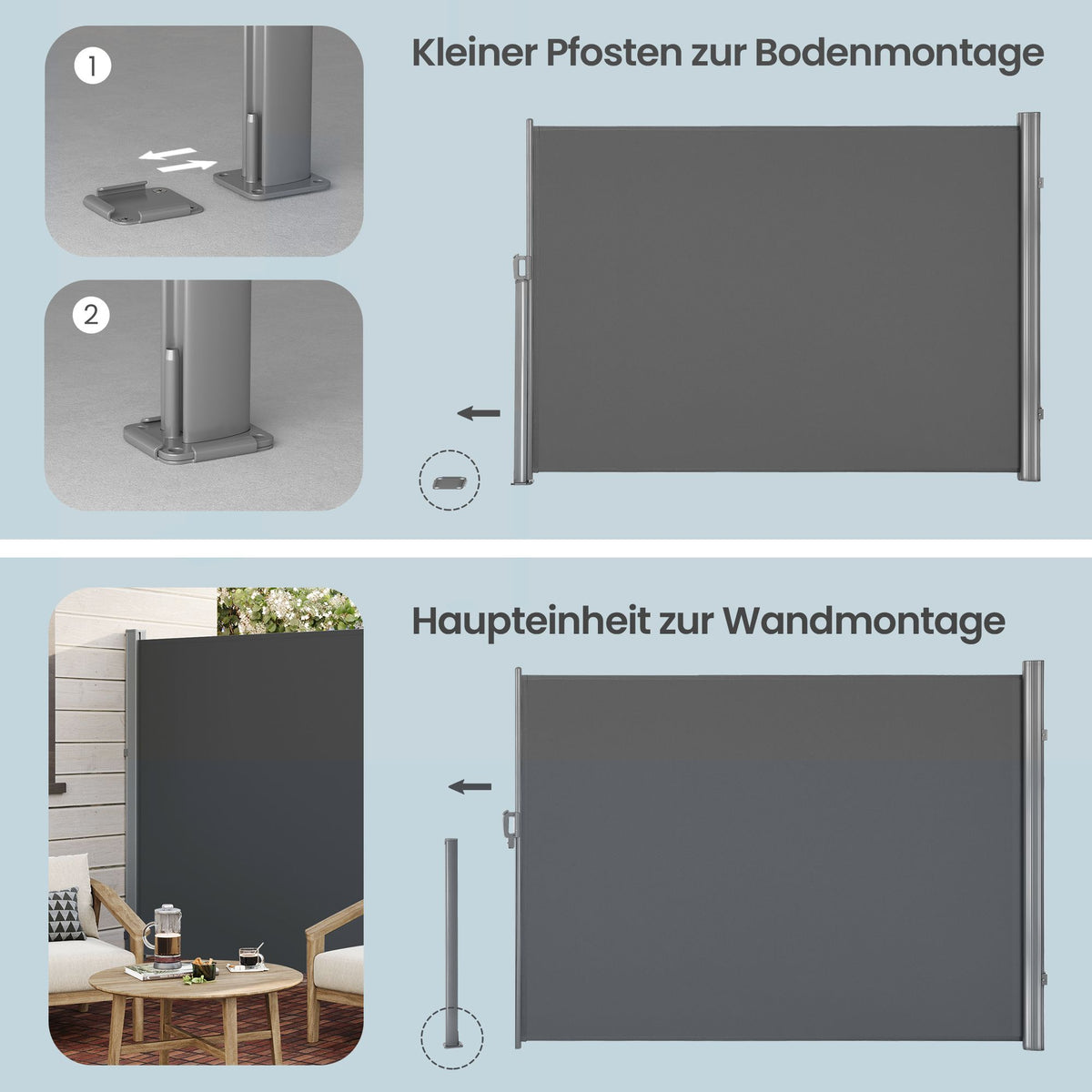Balkon- und Terrassenschutz – Ausziehbarer Sichtschutz – Robust und stabil – Grau/Eisen