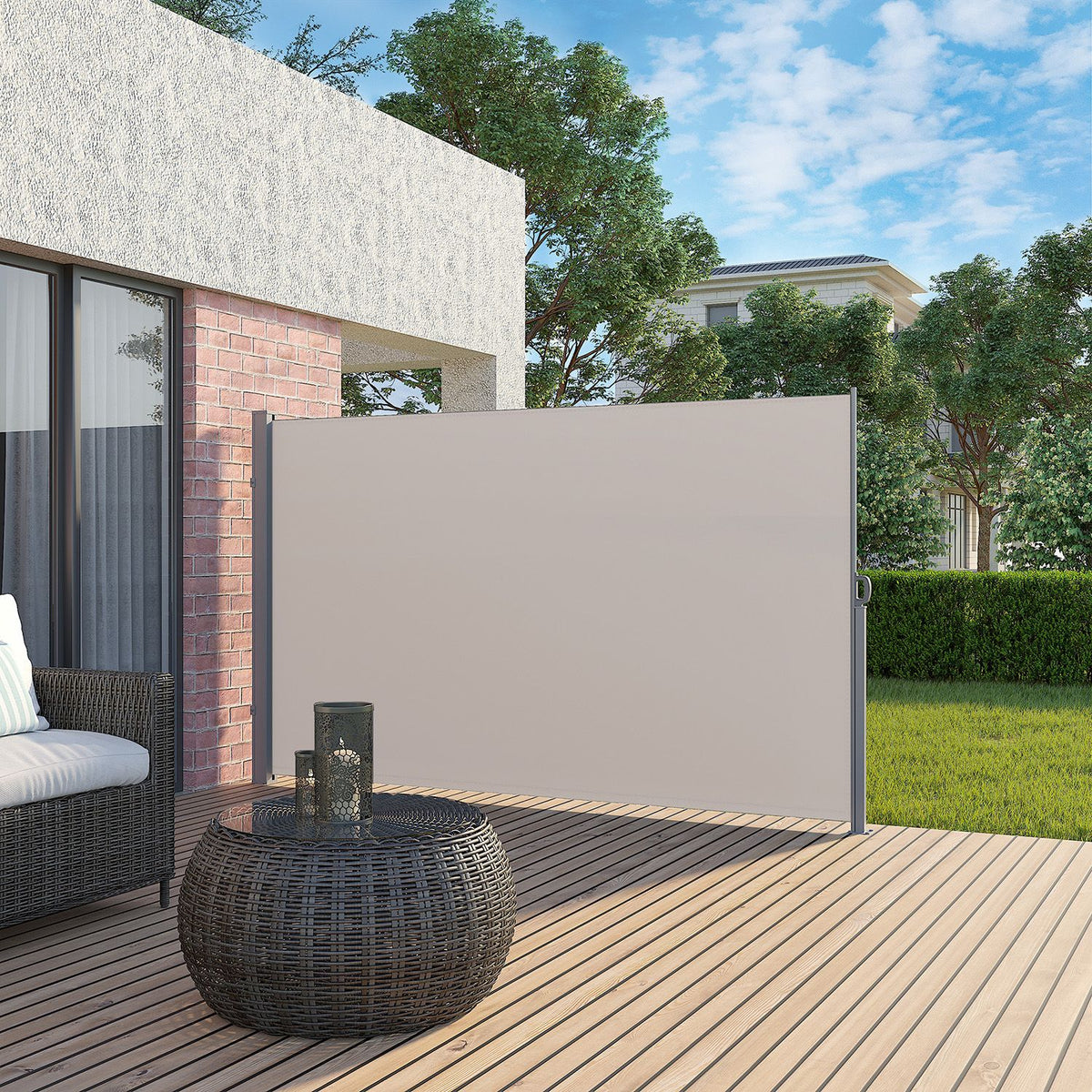 Seitliche Markise aus pulverbeschichtetem Stahl – Verstellbarer Sichtschutz für Balkon oder Terrasse – Eisen/Taupe