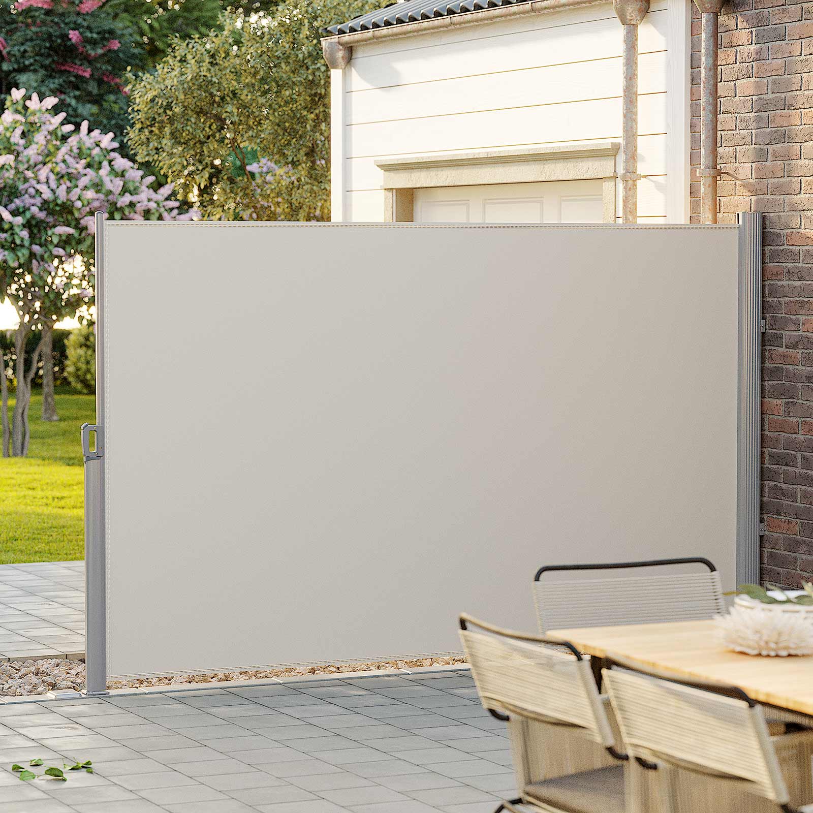 Ausziehbarer Gartensichtschutz – Windschutz – Sonnenschutz aus Edelstahl – Aluminium / Beige
