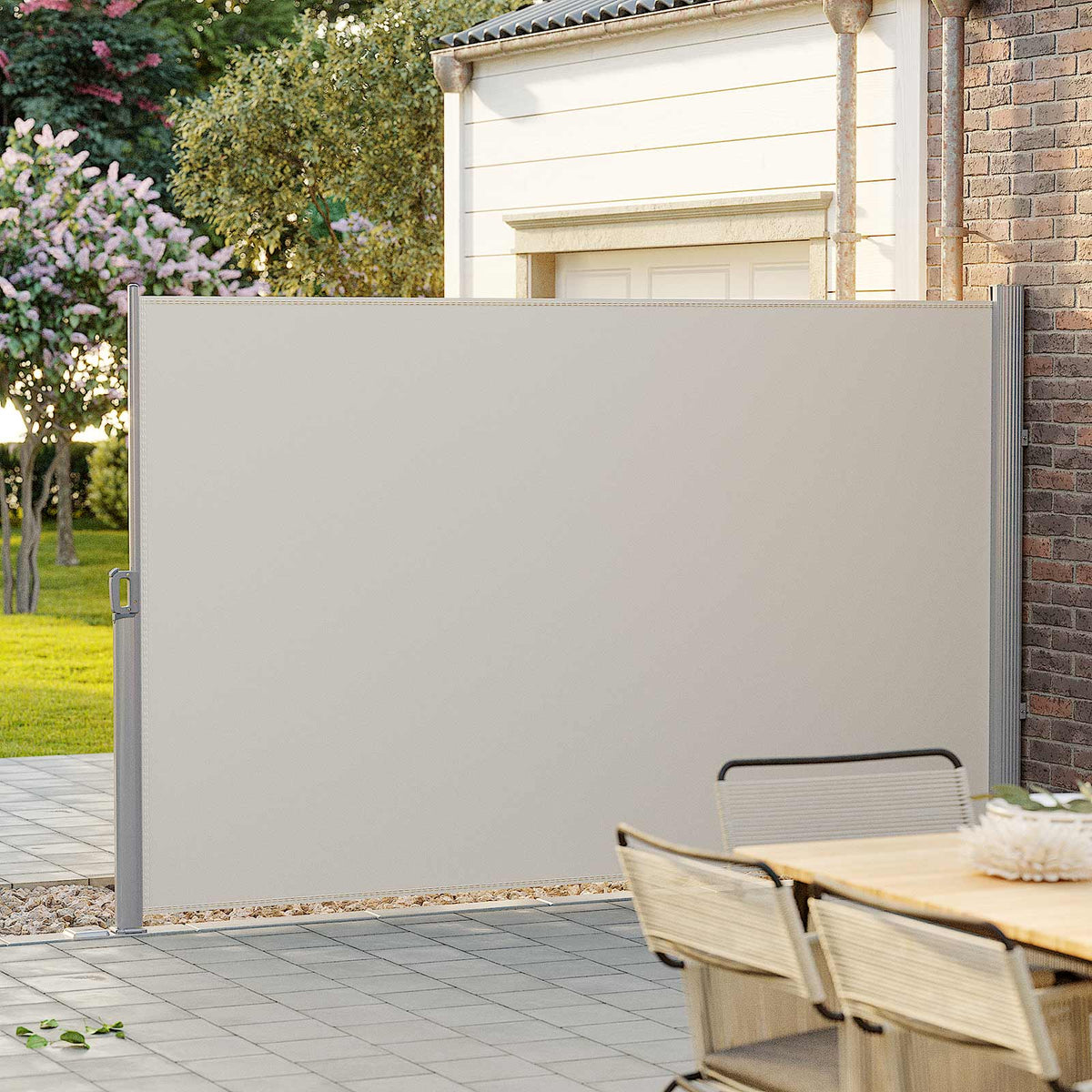 Ausziehbarer Gartensichtschutz – Windschutz – Sonnenschutz aus Edelstahl – Aluminium / Beige
