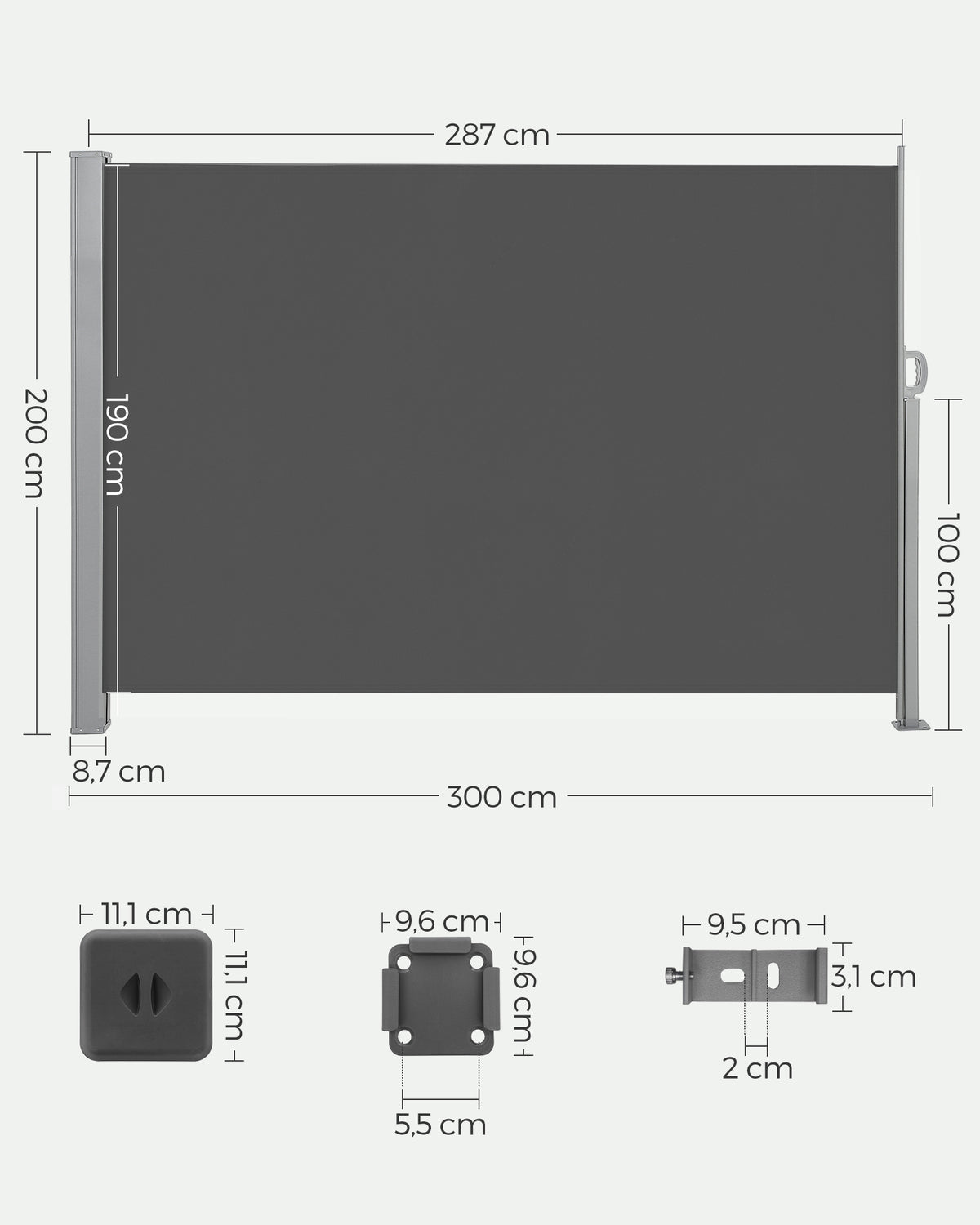 Einziehbare Seitenmarkise – Sichtschutz für Garten und Terrasse / Sonnenschutz für Balkon und Terrasse – Eisen / Anthrazit