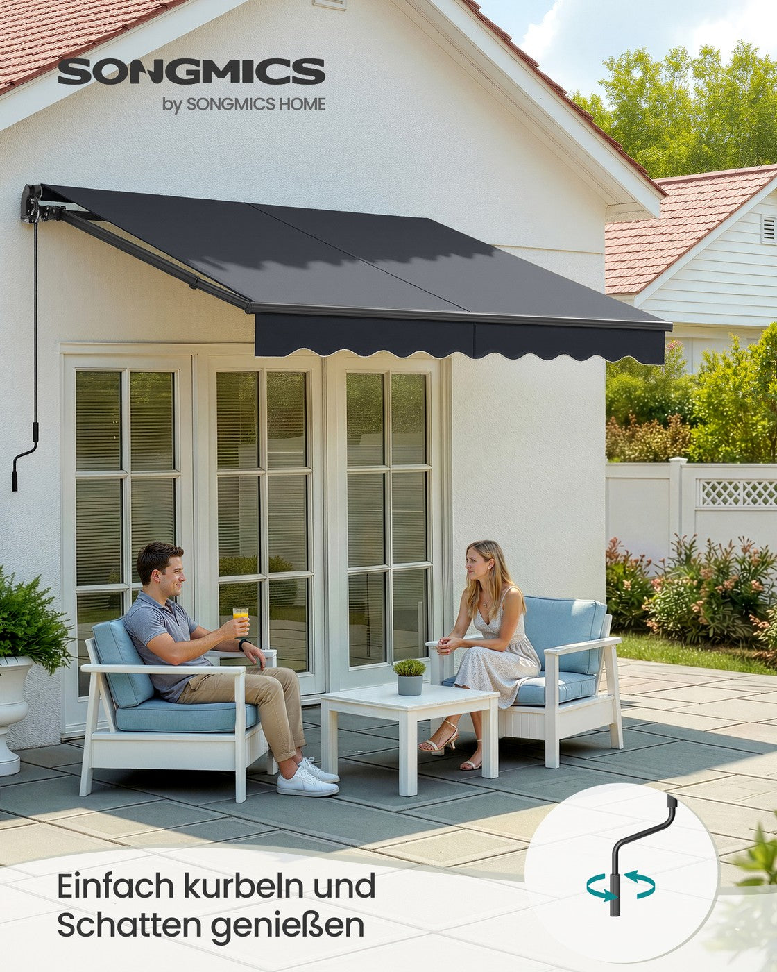 Auslegermarkise – Mit Kurbel – Neigungswinkel verstellbar – UV-Schutz 50+ – Für Balkon oder Terrasse
