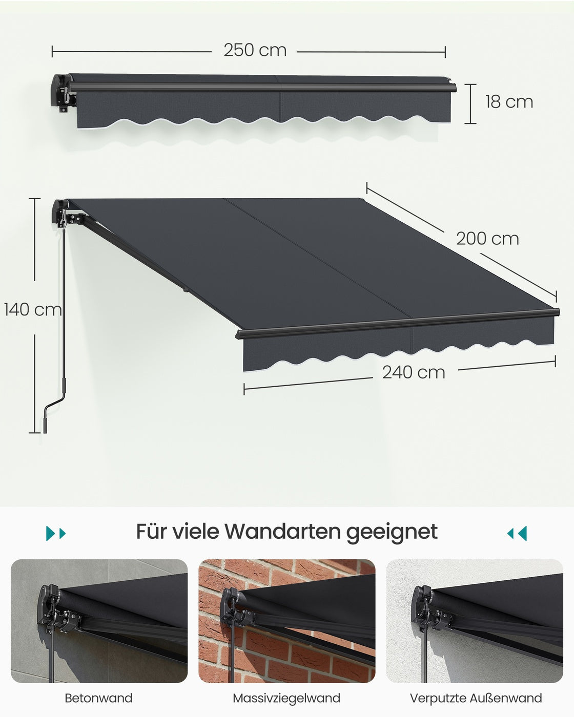 Auslegermarkise – Mit Kurbel – Neigungswinkel verstellbar – UV-Schutz 50+ – Für Balkon oder Terrasse
