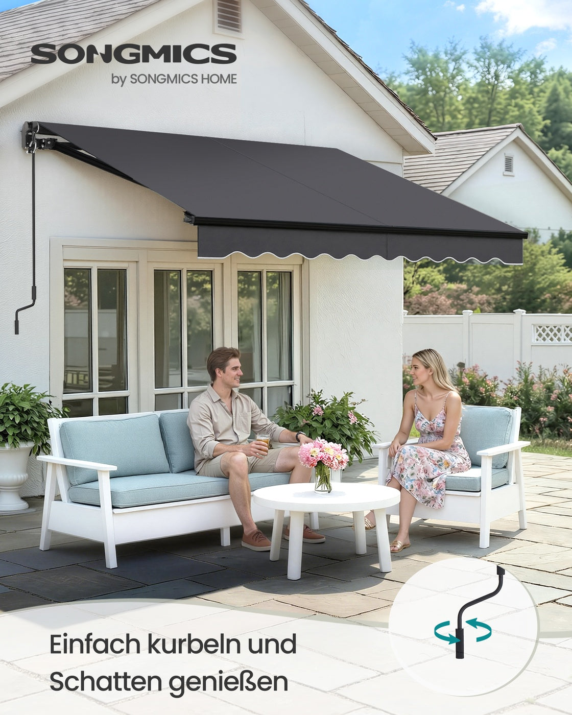 Auslegermarkise – Mit Kurbel – Neigungswinkel verstellbar – UV-Schutz 50+ – Für Balkon oder Terrasse