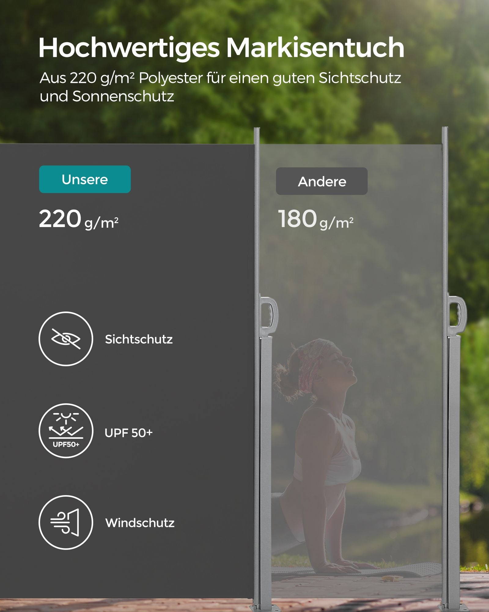 Einziehbare Seitenmarkise – Sichtschutz für Garten und Terrasse / Sonnenschutz für Balkon und Terrasse – Eisen / Anthrazit