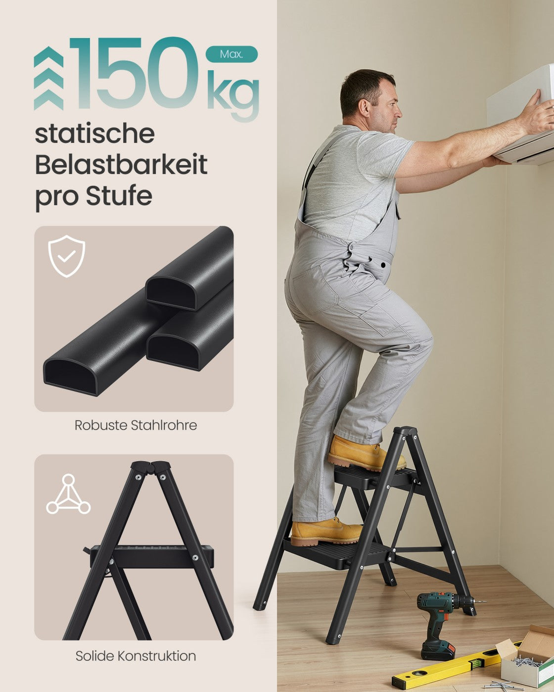 Klappbare Trittleiter Mit 2 Stufen - Stahl-Haushaltsleiter - Belastbar Bis 150 Kg