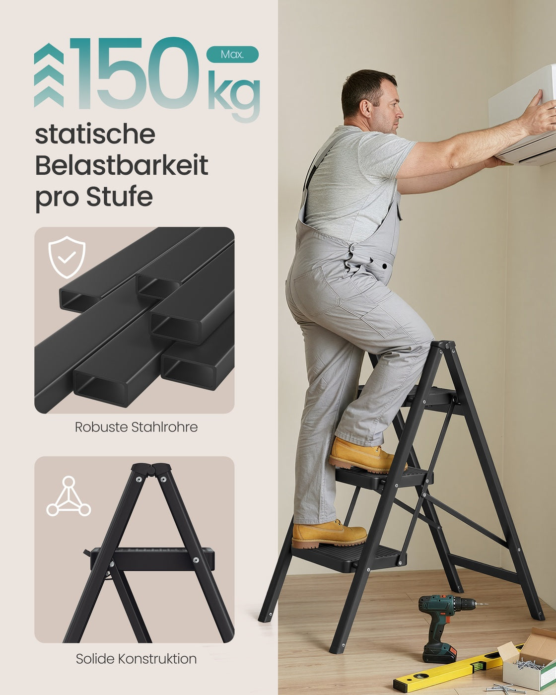 Trittleiter Klappbar 3 Stufen - Stahl-Haushaltsleiter Bis 150 Kg Belastbar