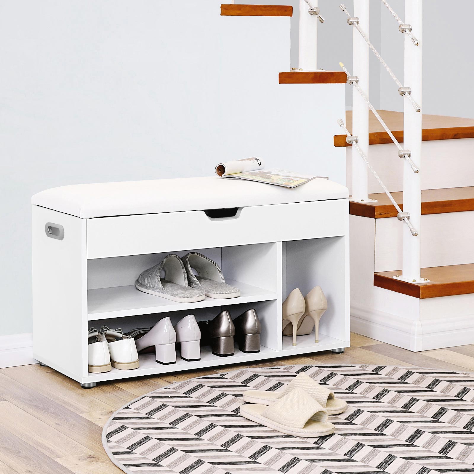Schuhbank mit Sitzkissen – Aufbewahrungsmöbel für Flur oder Schlafzimmer – Schuhregal mit Schublade und Ablagen
