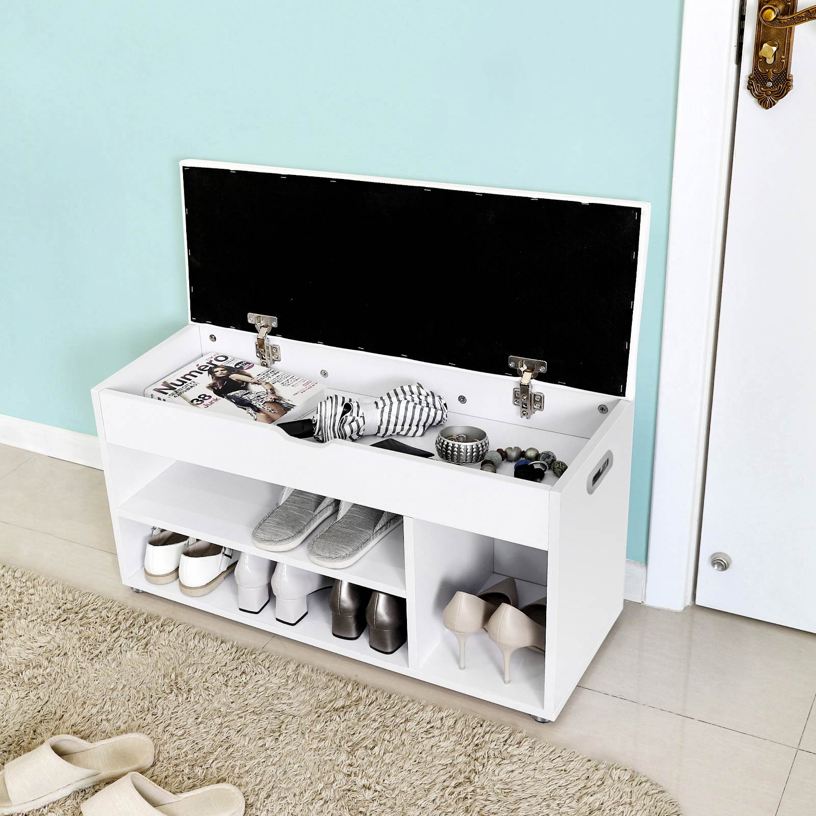 Schuhbank mit Sitzkissen – Aufbewahrungsmöbel für Flur oder Schlafzimmer – Schuhregal mit Schublade und Ablagen