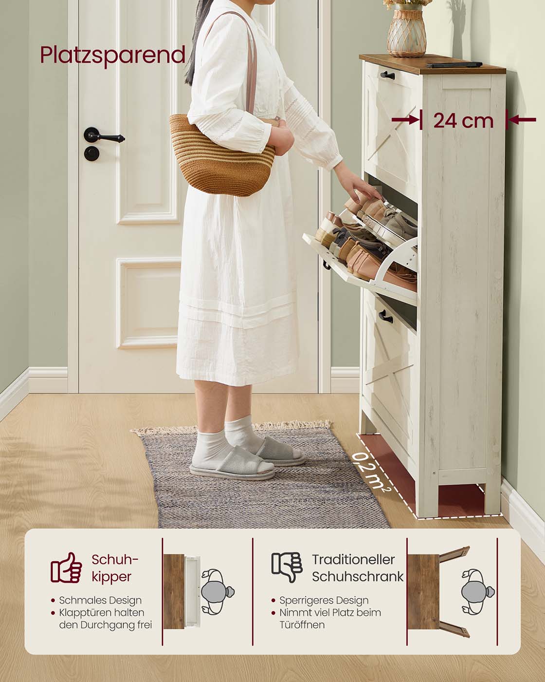 Schuhschrank im Landhausstil – 3 Türen – Für 18-24 Paar Schuhe