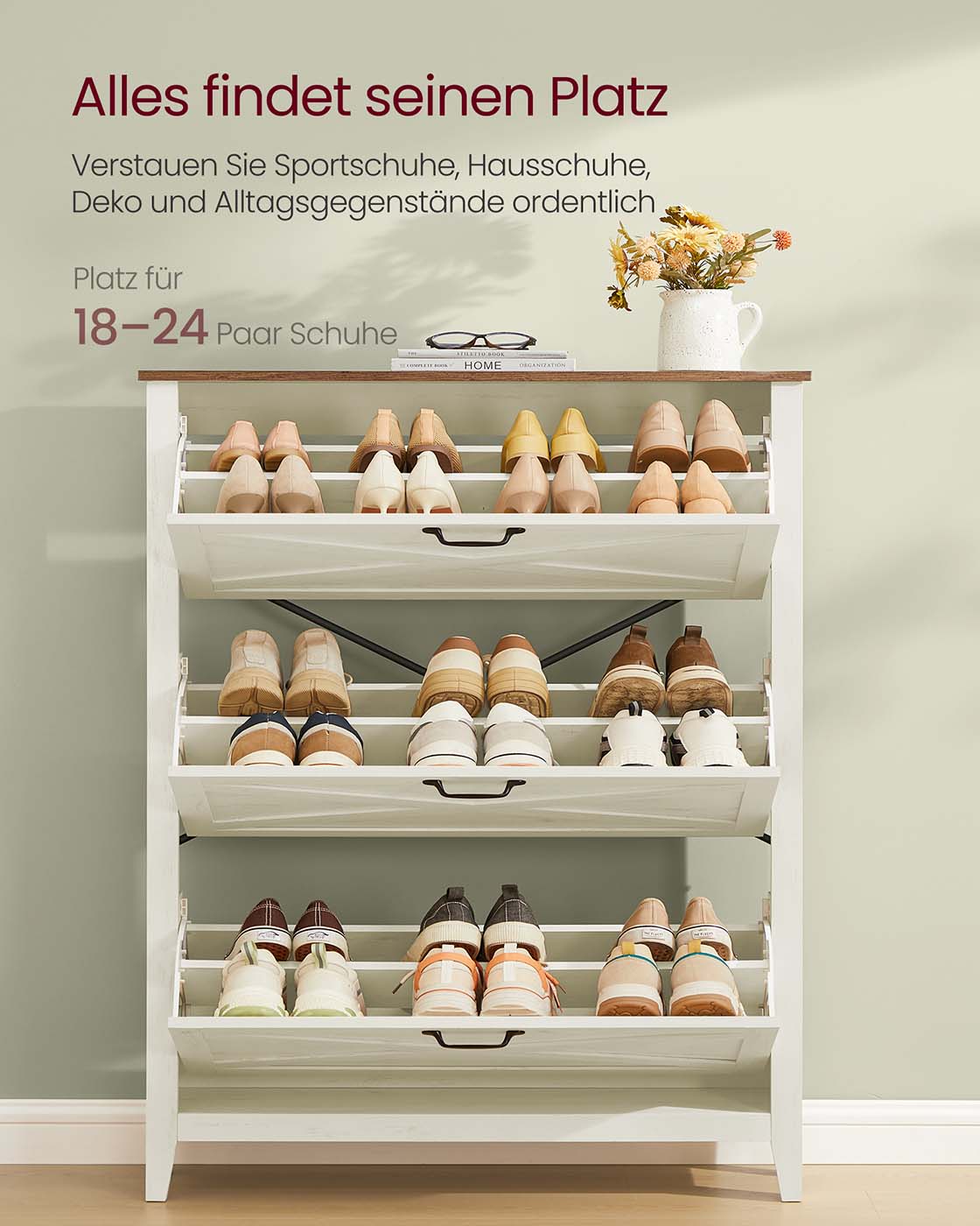 Schuhschrank im Landhausstil – 3 Türen – Für 18-24 Paar Schuhe