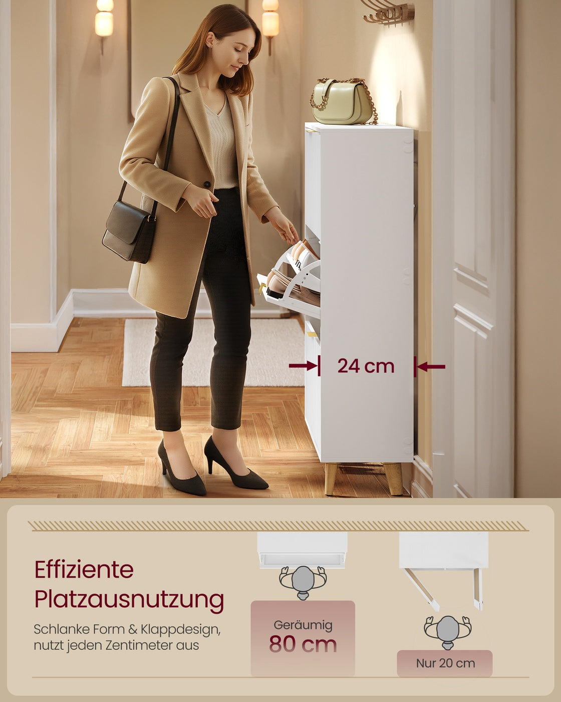 Schuhschrank mit 3 Türen – Mid-Century Modern – Geriffelte Türen – Für 18–24 Paar Schuhe – Wolkenweiß – 80 x 24 x 123 cm