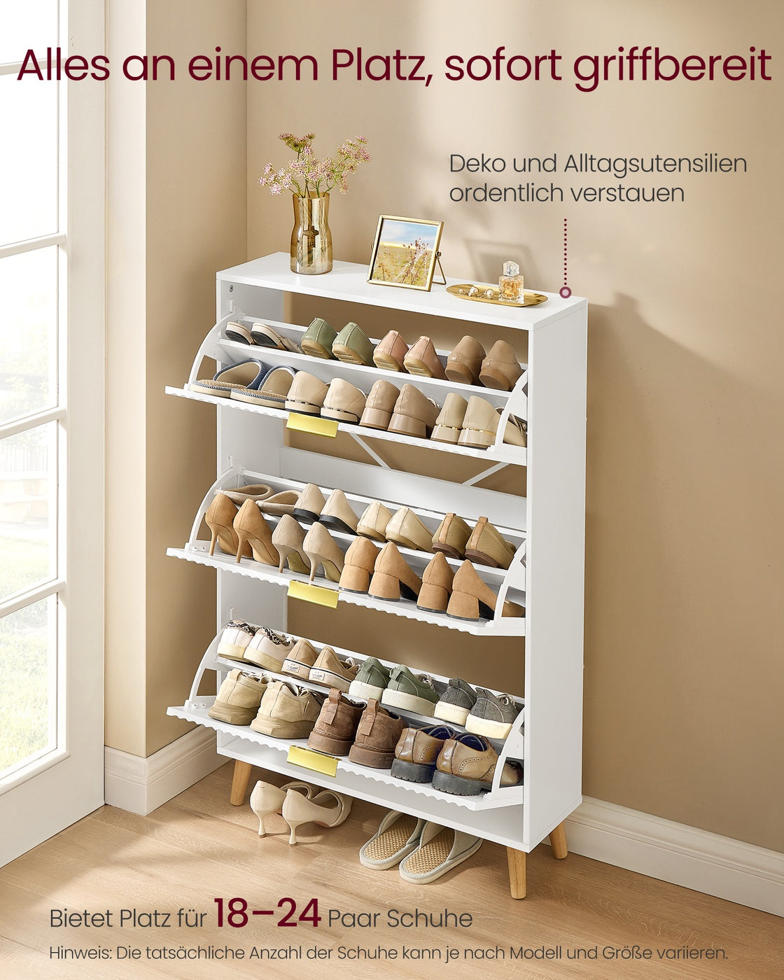 Schuhschrank mit 3 Türen – Mid-Century Modern – Geriffelte Türen – Für 18–24 Paar Schuhe – Wolkenweiß – 80 x 24 x 123 cm