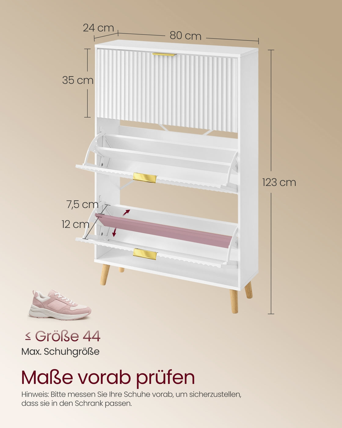 Schuhschrank mit 3 Türen – Mid-Century Modern – Geriffelte Türen – Für 18–24 Paar Schuhe – Wolkenweiß – 80 x 24 x 123 cm