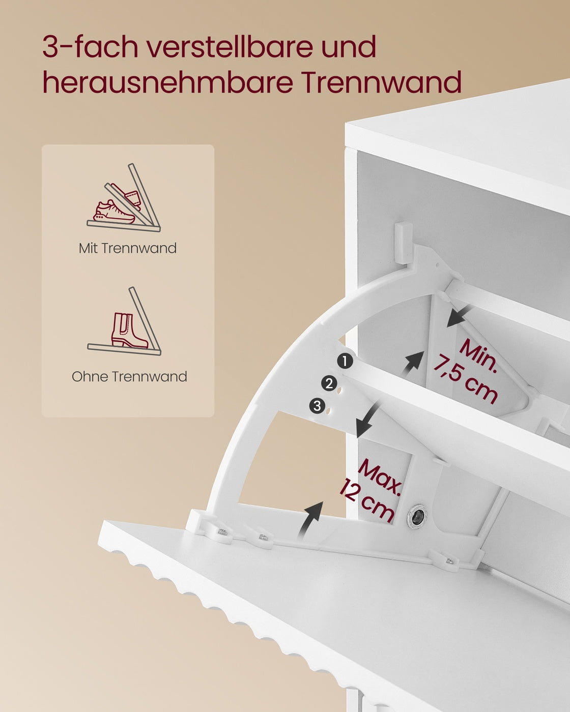 Schuhschrank mit 3 Türen – Mid-Century Modern – Geriffelte Türen – Für 18–24 Paar Schuhe – Wolkenweiß – 80 x 24 x 123 cm