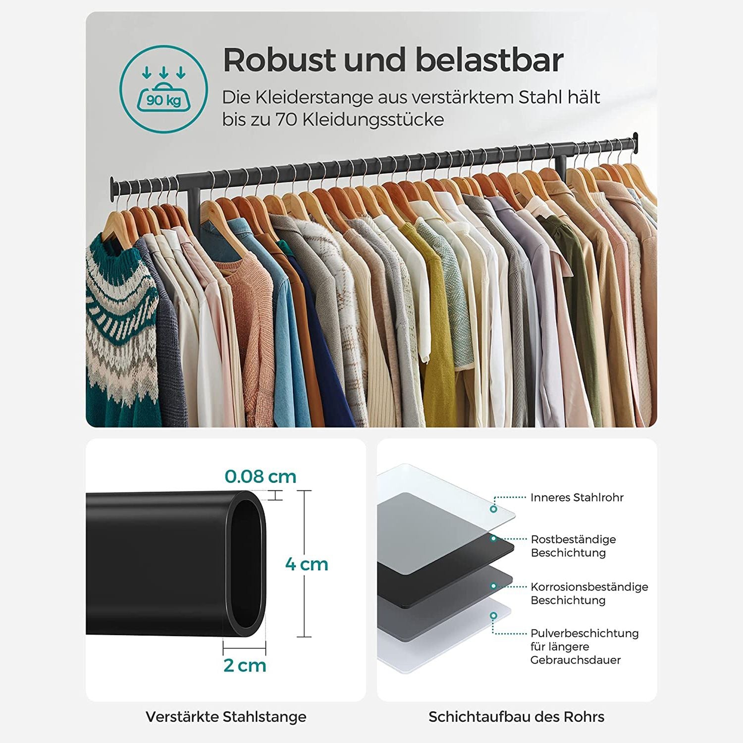 Kleiderständer auf Rollen – Ausziehbare Stange – Tragkraft bis zu 130 kg – Verchromter Stahl