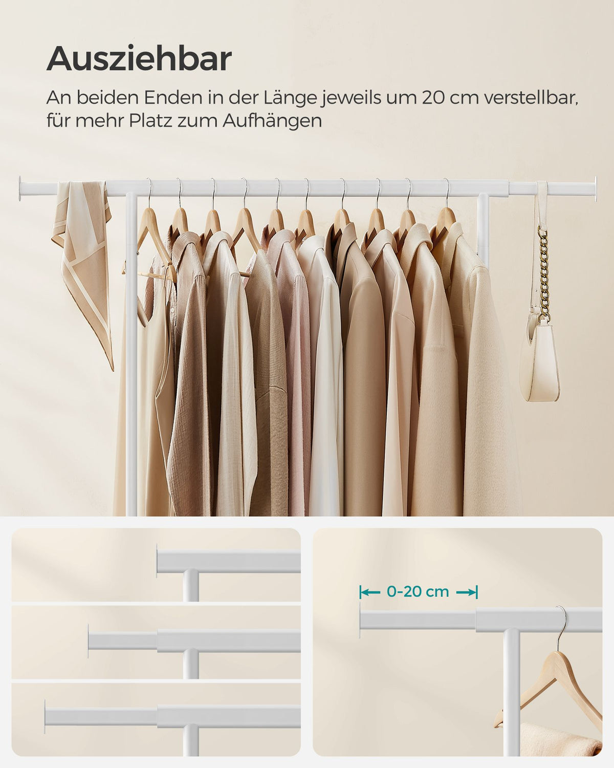 Ausziehbarer Kleiderständer mit Rollen - Kleiderständer bis 90 kg - Zusammenklappbar - Metall verchromt - Für Waschküche, Schlafzimmer oder Balkon