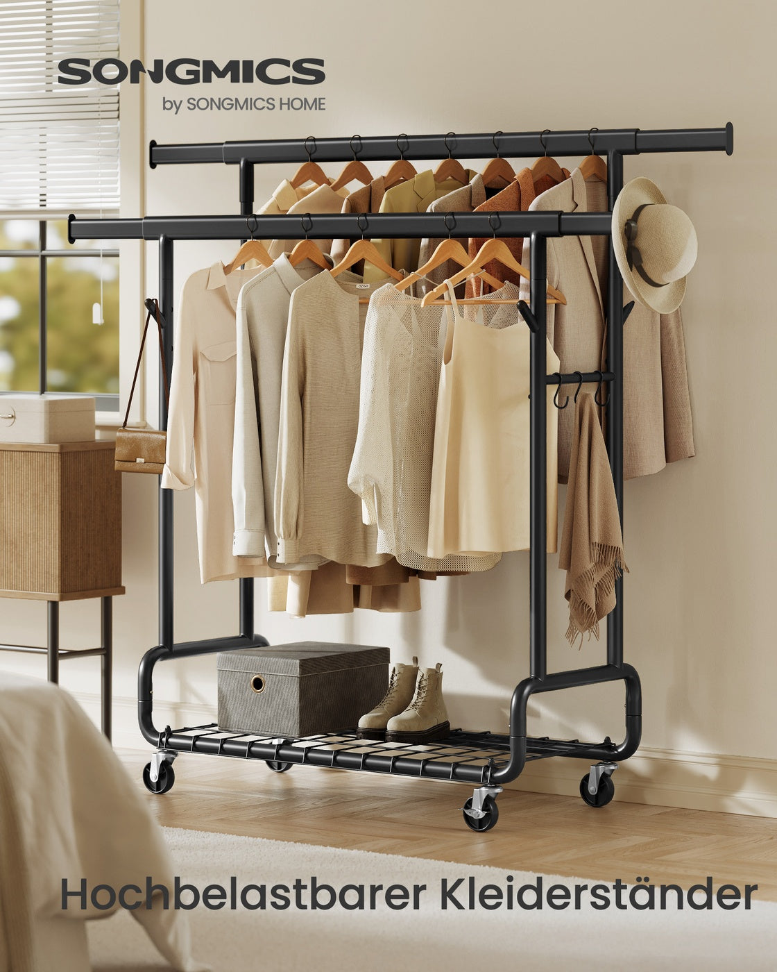 Verstellbarer Kleiderständer auf Rollen – Einzel- oder Doppelstange – Industrie-Stil – Tragkraft bis zu 270 kg – Ausziehbar und höhenverstellbar – Mit S-Haken und Schuhablage