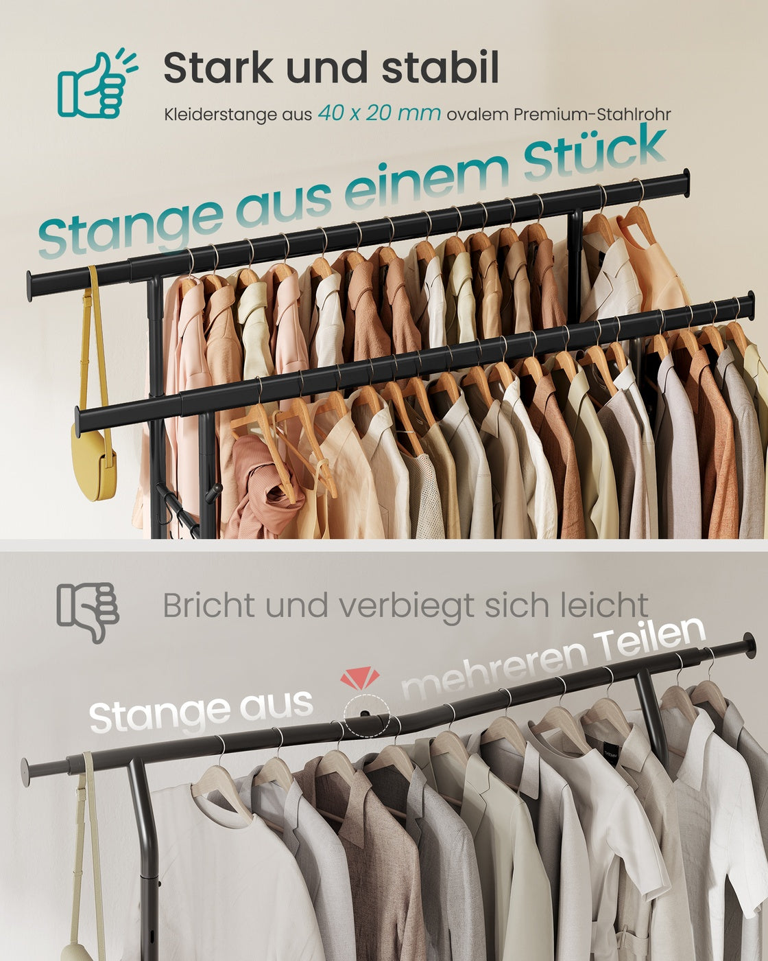 Verstellbarer Kleiderständer auf Rollen – Einzel- oder Doppelstange – Industrie-Stil – Tragkraft bis zu 270 kg – Ausziehbar und höhenverstellbar – Mit S-Haken und Schuhablage