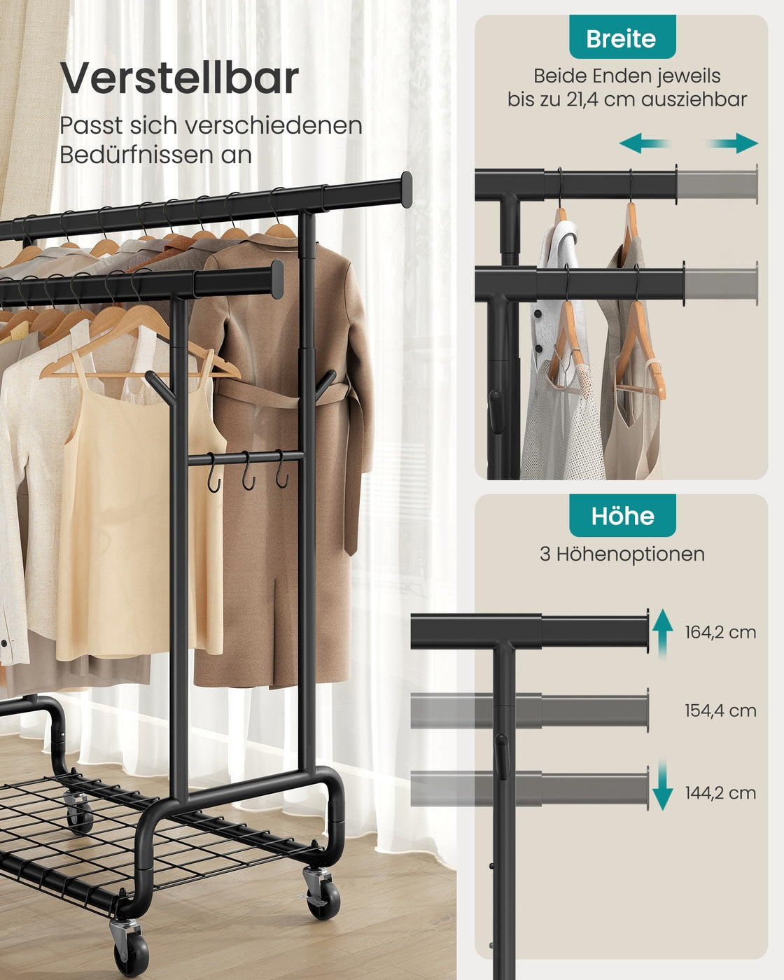 Verstellbarer Kleiderständer auf Rollen – Einzel- oder Doppelstange – Industrie-Stil – Tragkraft bis zu 270 kg – Ausziehbar und höhenverstellbar – Mit S-Haken und Schuhablage