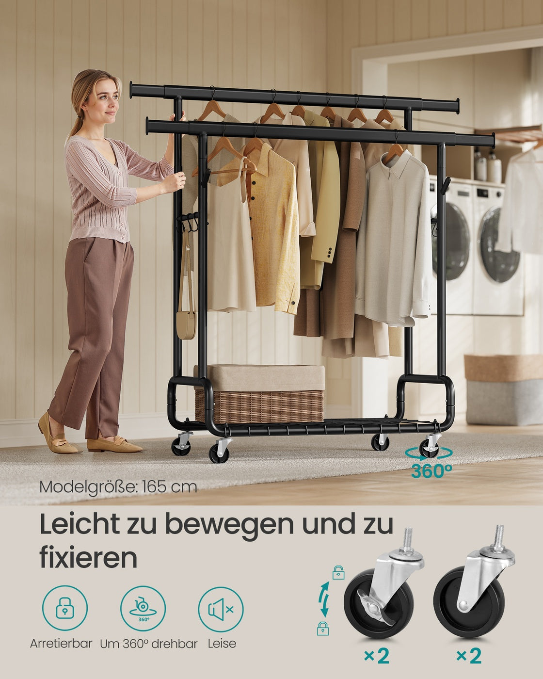 Verstellbarer Kleiderständer auf Rollen – Einzel- oder Doppelstange – Industrie-Stil – Tragkraft bis zu 270 kg – Ausziehbar und höhenverstellbar – Mit S-Haken und Schuhablage