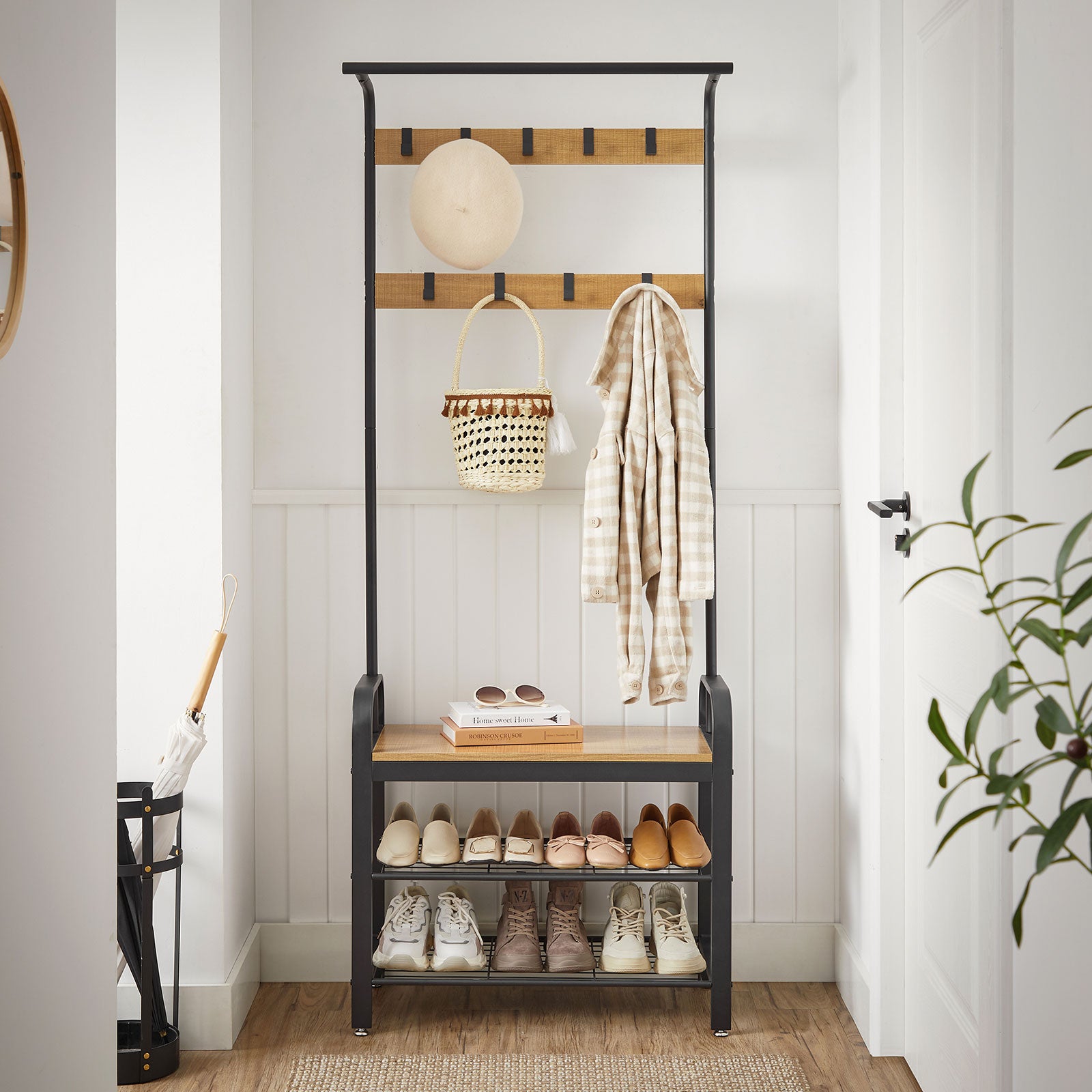 Garderobe mit Schuhregal & Sitzbank – Industriedesign Holz & Metall – 9 Haken + Kleiderstange – Flurmöbel