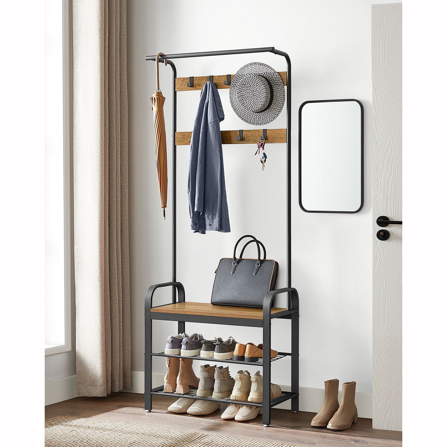 Garderobe mit Schuhregal & Sitzbank – Industriedesign Holz & Metall – 9 Haken + Kleiderstange – Flurmöbel