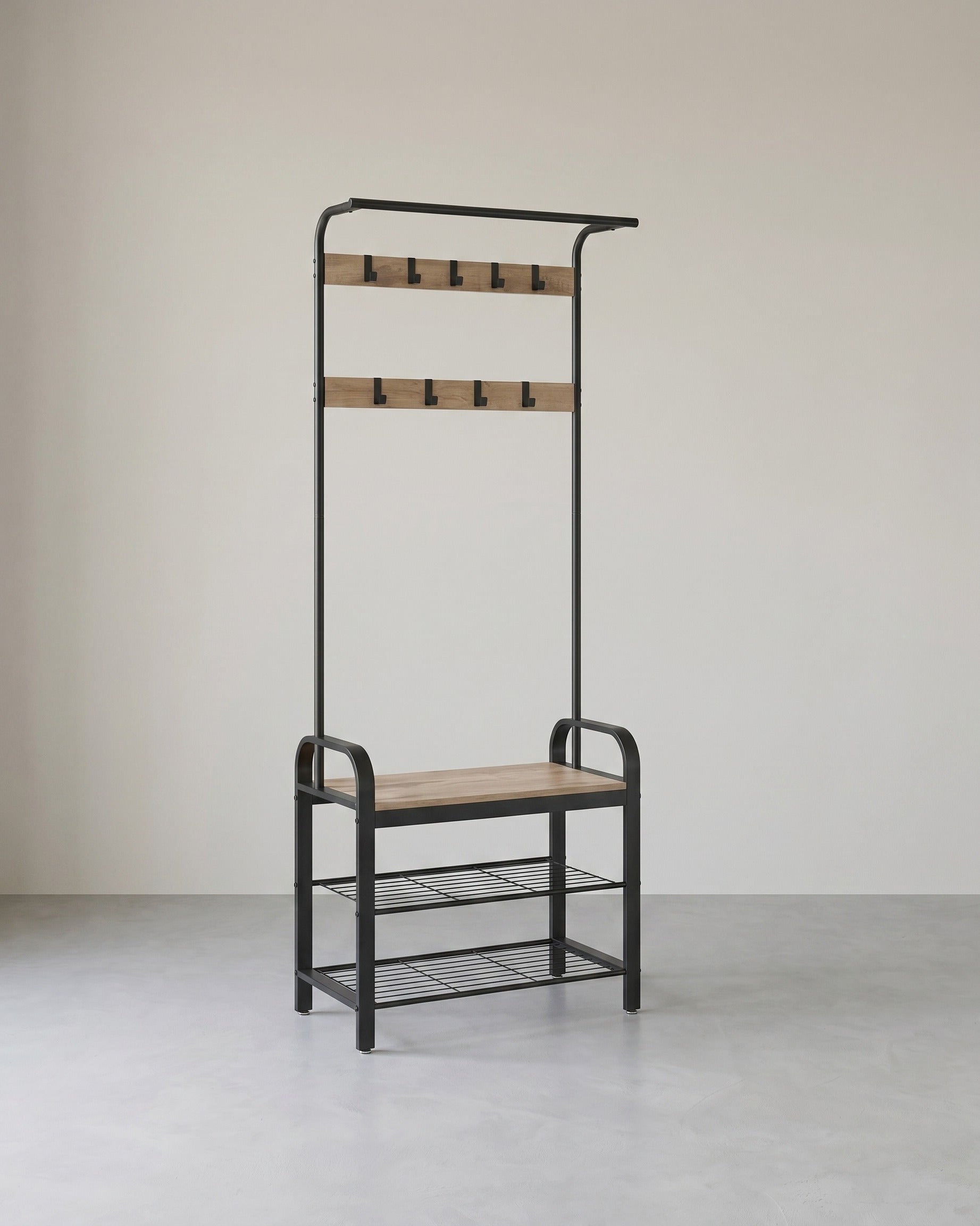Garderobe mit Schuhregal – Industriedesign – Holz & Metall – Kamelbraun
