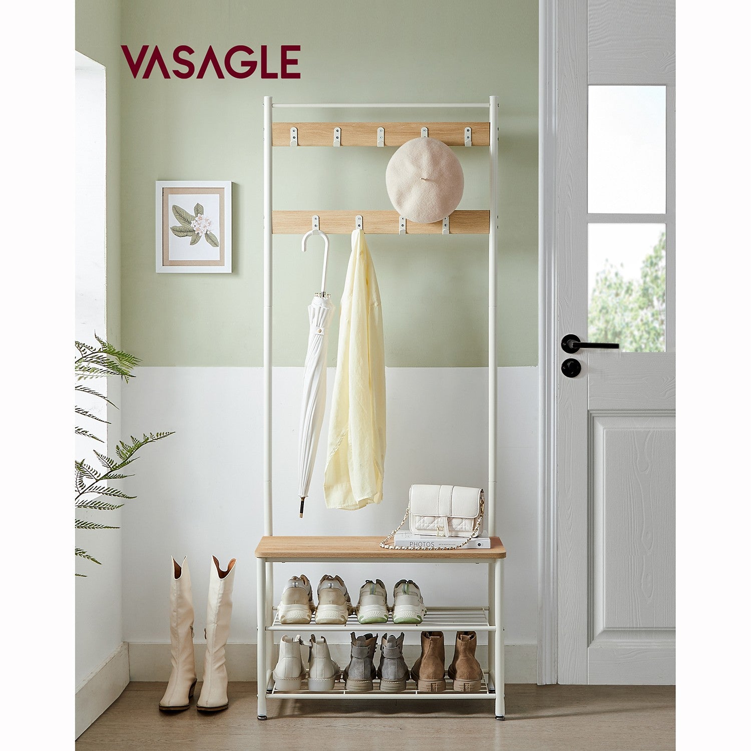 Garderobenständer mit Sitzbank – 3-in-1 Garderobe – Jacken, Schuhe & Sitzbank – 70 x 32 x 175 cm