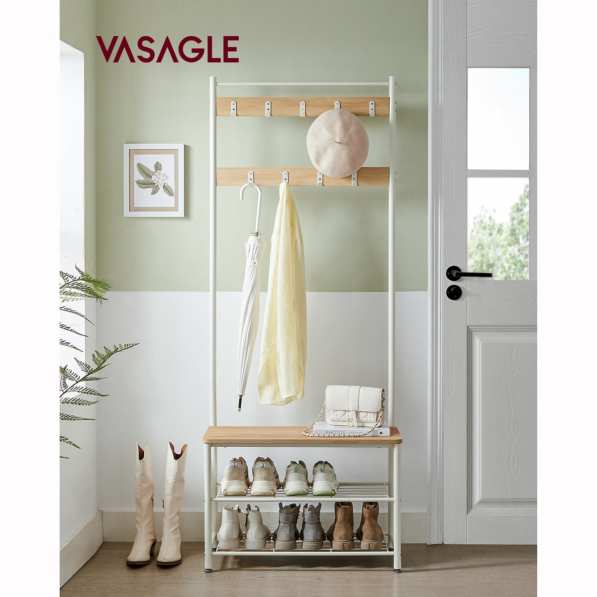 Garderobenständer mit Sitzbank – 3-in-1 Garderobe – Jacken, Schuhe & Sitzbank – 70 x 32 x 175 cm