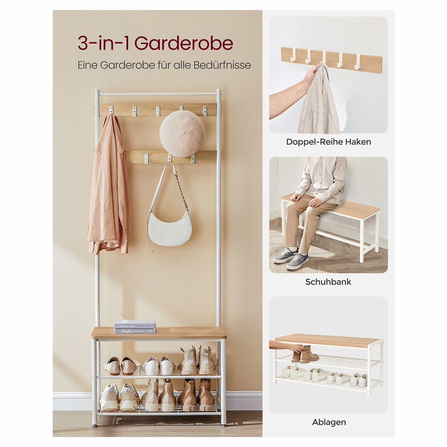 Garderobenständer mit Sitzbank – 3-in-1 Garderobe – Jacken, Schuhe & Sitzbank – 70 x 32 x 175 cm