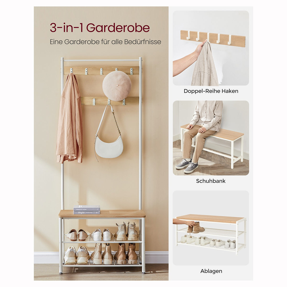 Garderobenständer mit Sitzbank – 3-in-1 Garderobe – Jacken, Schuhe & Sitzbank – 70 x 32 x 175 cm